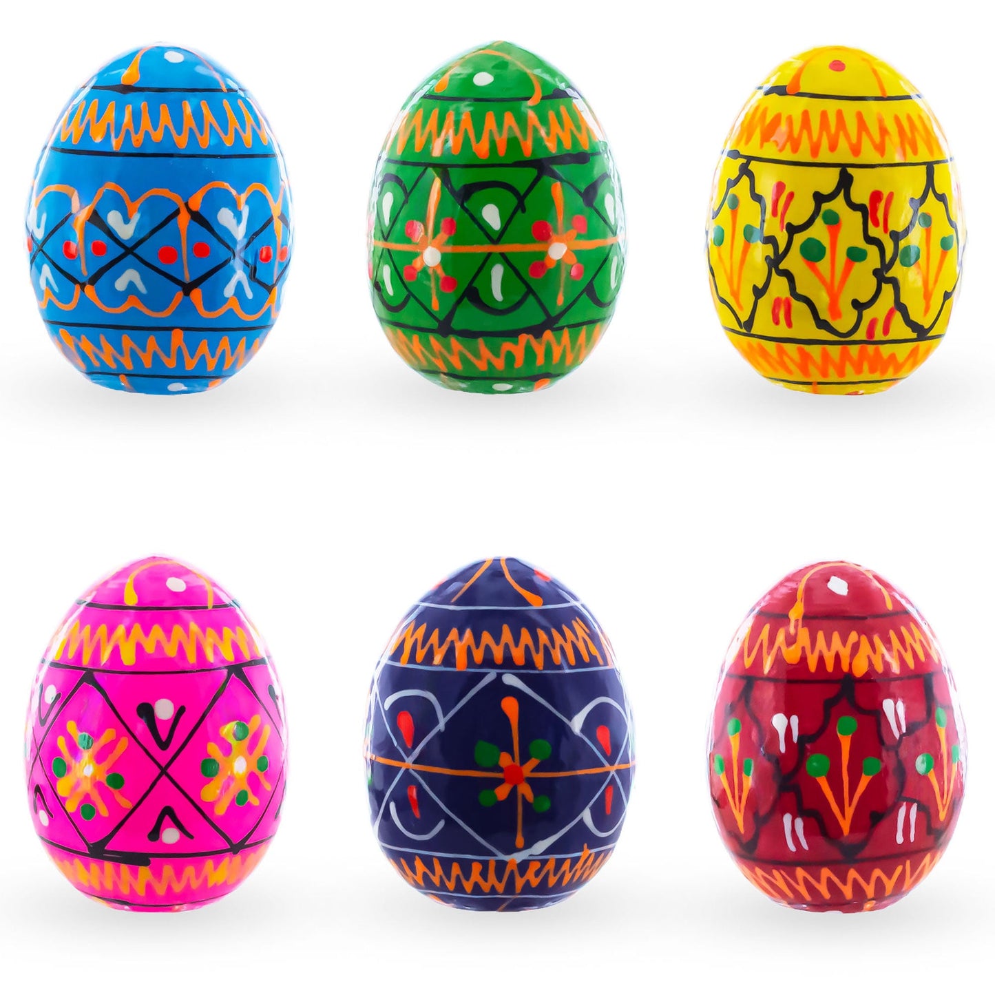 Set of 6 Mini Geometric Ukrainian Pysanky Wooden Easter Eggs 1.6 Inches