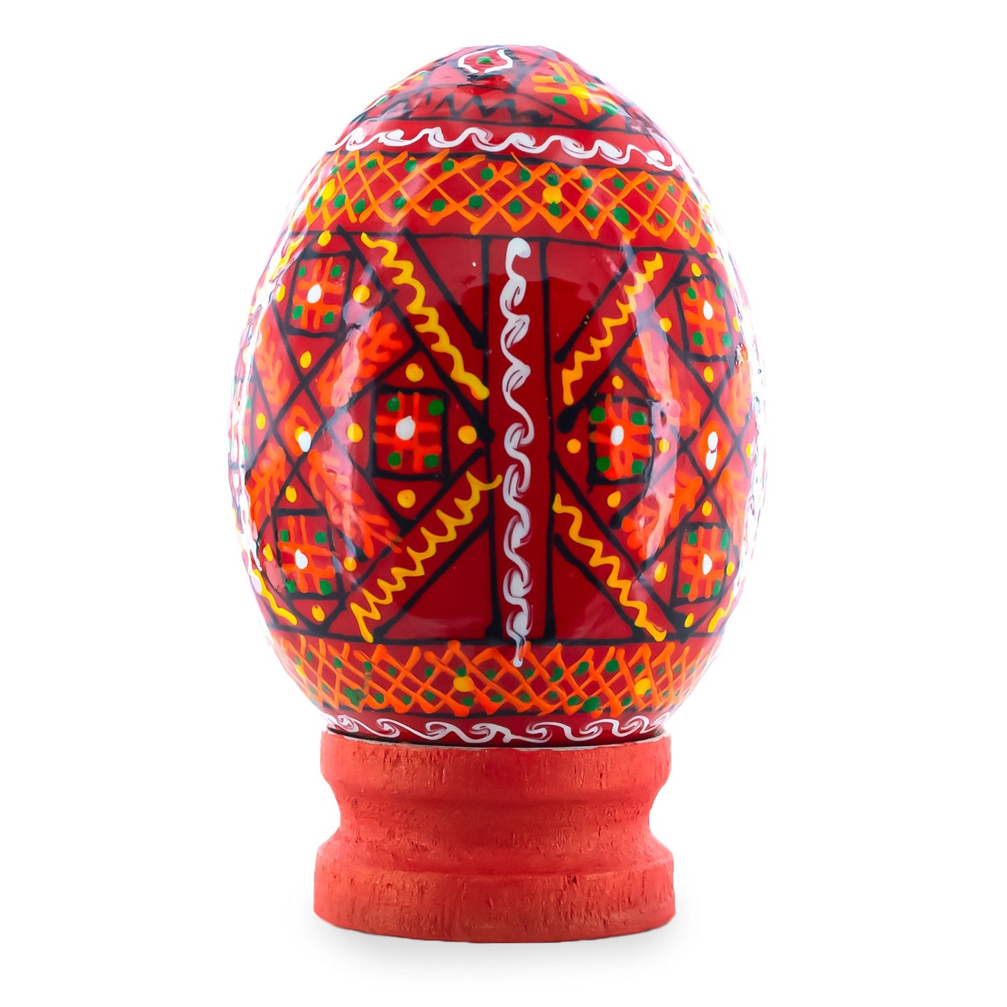 Geometrical Red Ukrainian Wooden Easter Egg Pysanka on a Stand 3 Inches