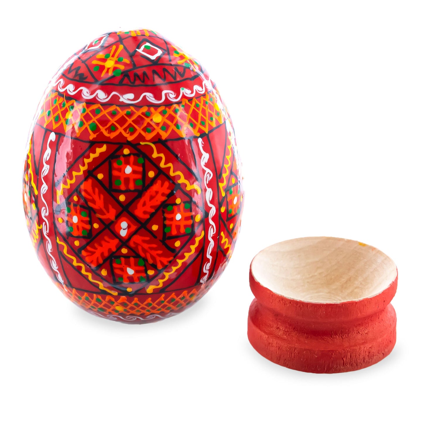 Geometrical Red Ukrainian Wooden Easter Egg Pysanka on a Stand 3 Inches