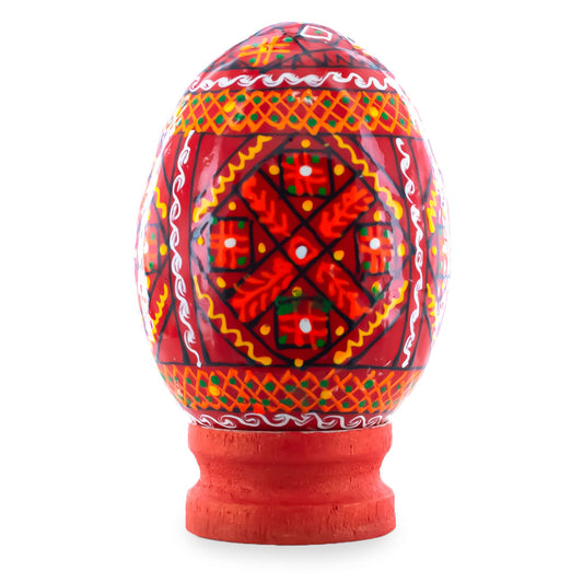 Geometrical Red Ukrainian Wooden Easter Egg Pysanka on a Stand 3 Inches