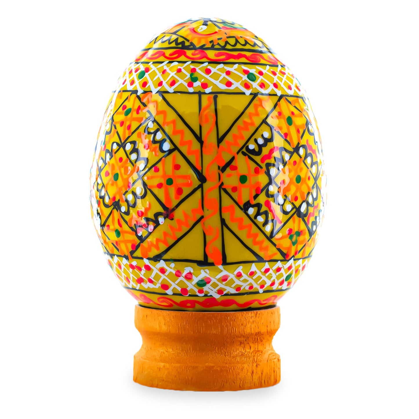 Geometrical Yellow Ukrainian Wooden Easter Egg Pysanka on a Stand 3 Inches