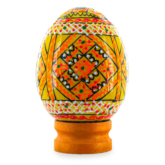 Geometrical Yellow Ukrainian Wooden Easter Egg Pysanka on a Stand 3 Inches