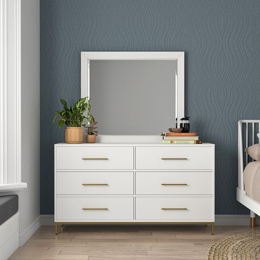 Madelyn Dresser with mirror and potted plant in a stylish bedroom setting.