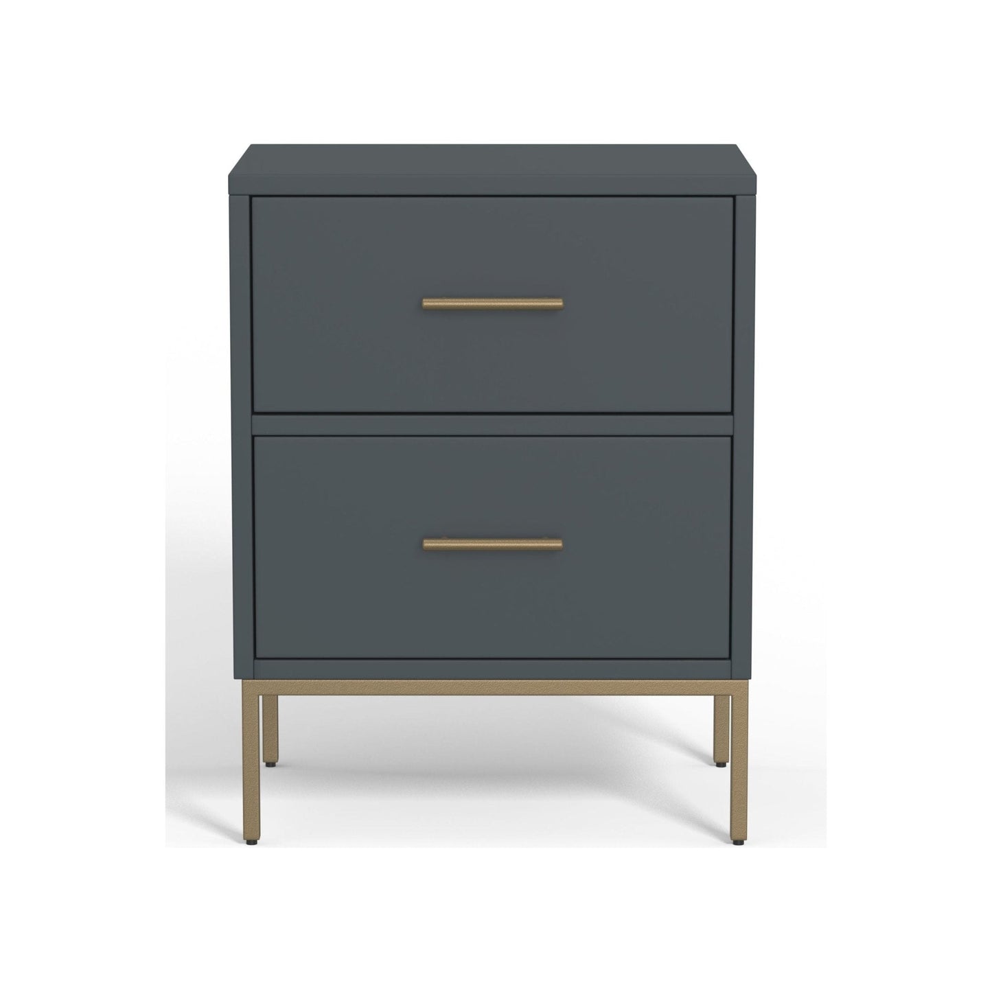 Madelyn Two Drawer Nightstand in Slate Gray with modern design and gold handles.
