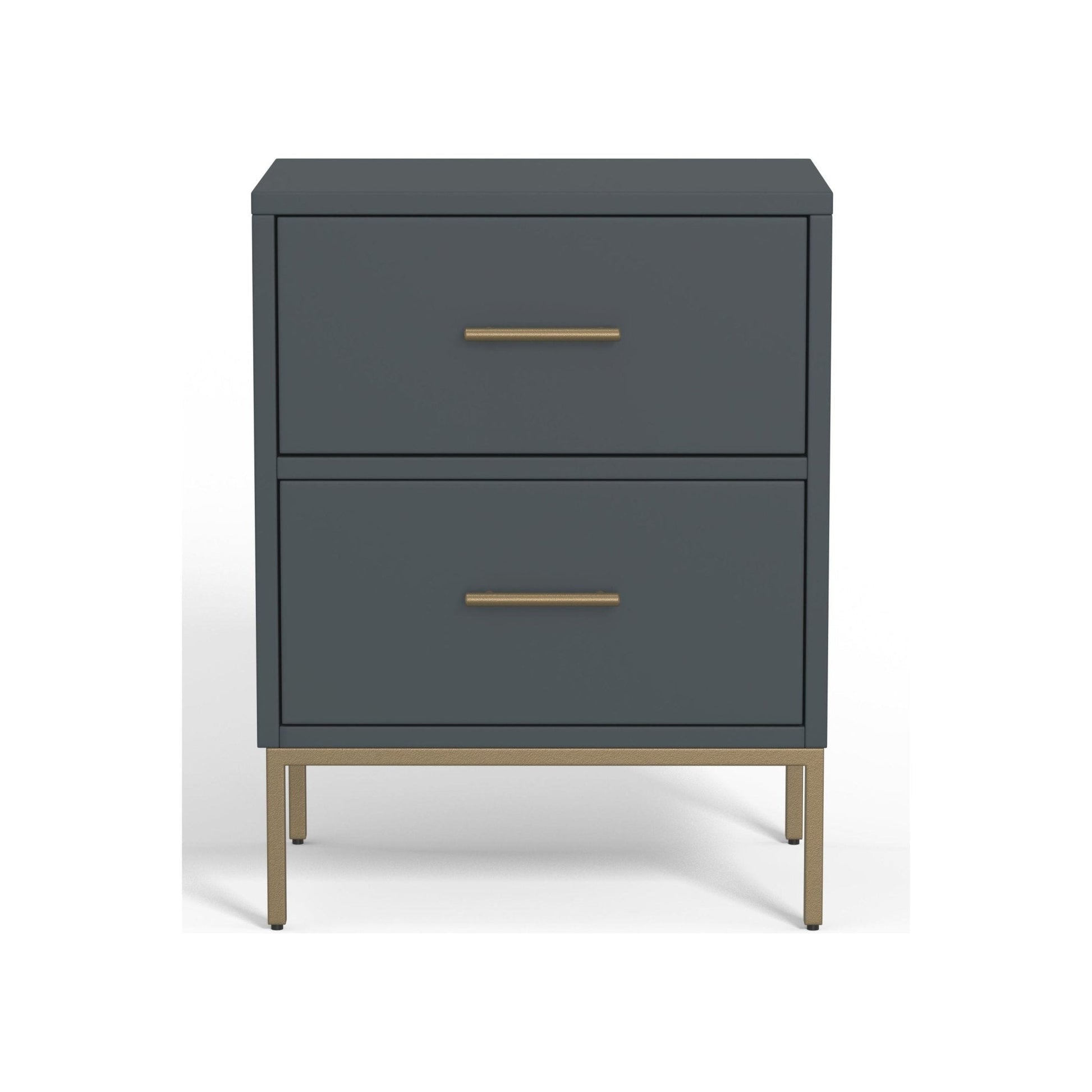 Madelyn Two Drawer Nightstand in Slate Gray with modern design and gold handles.