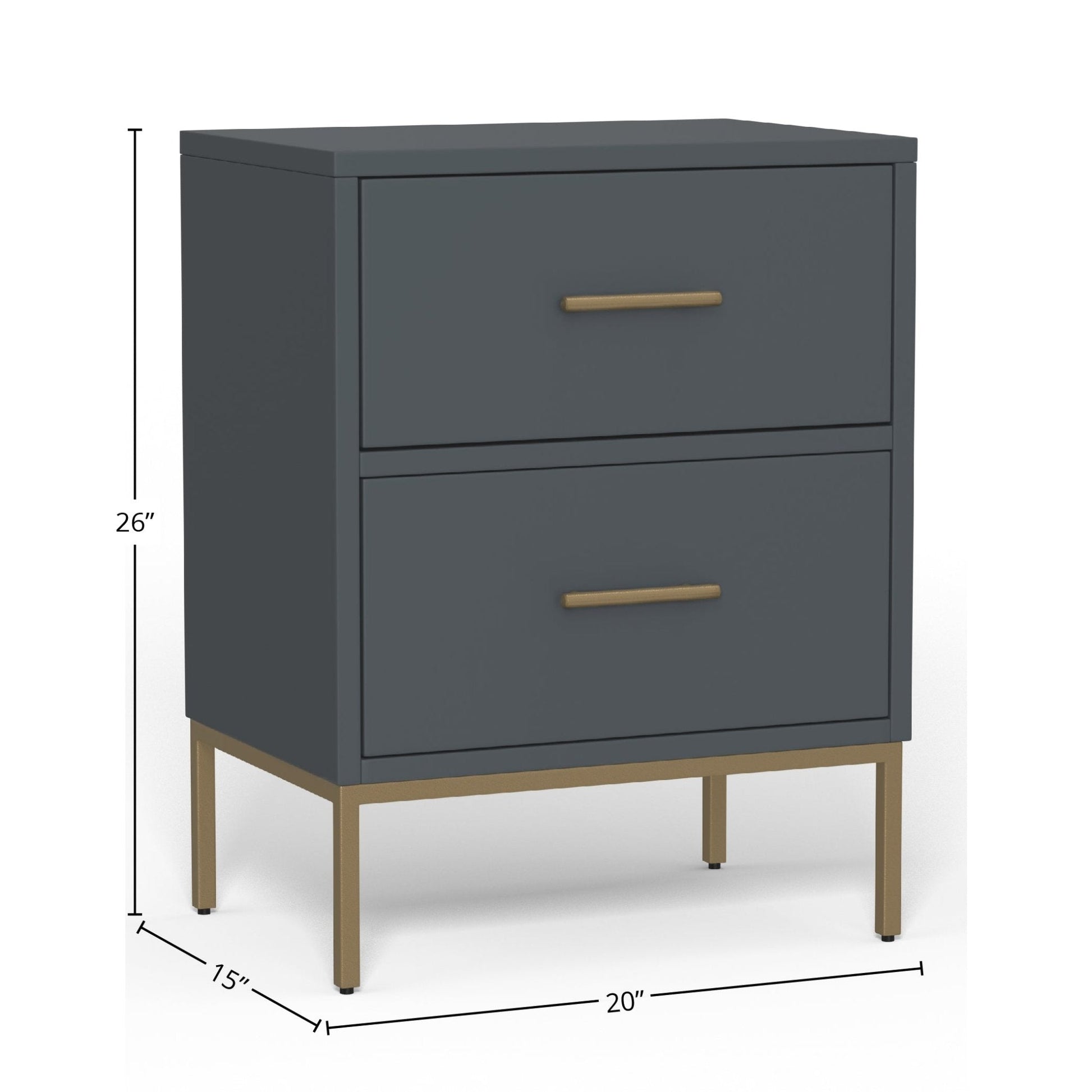 Madelyn Two Drawer Nightstand in Slate Gray with gold handles and modern design, showcasing dimensions and storage features.