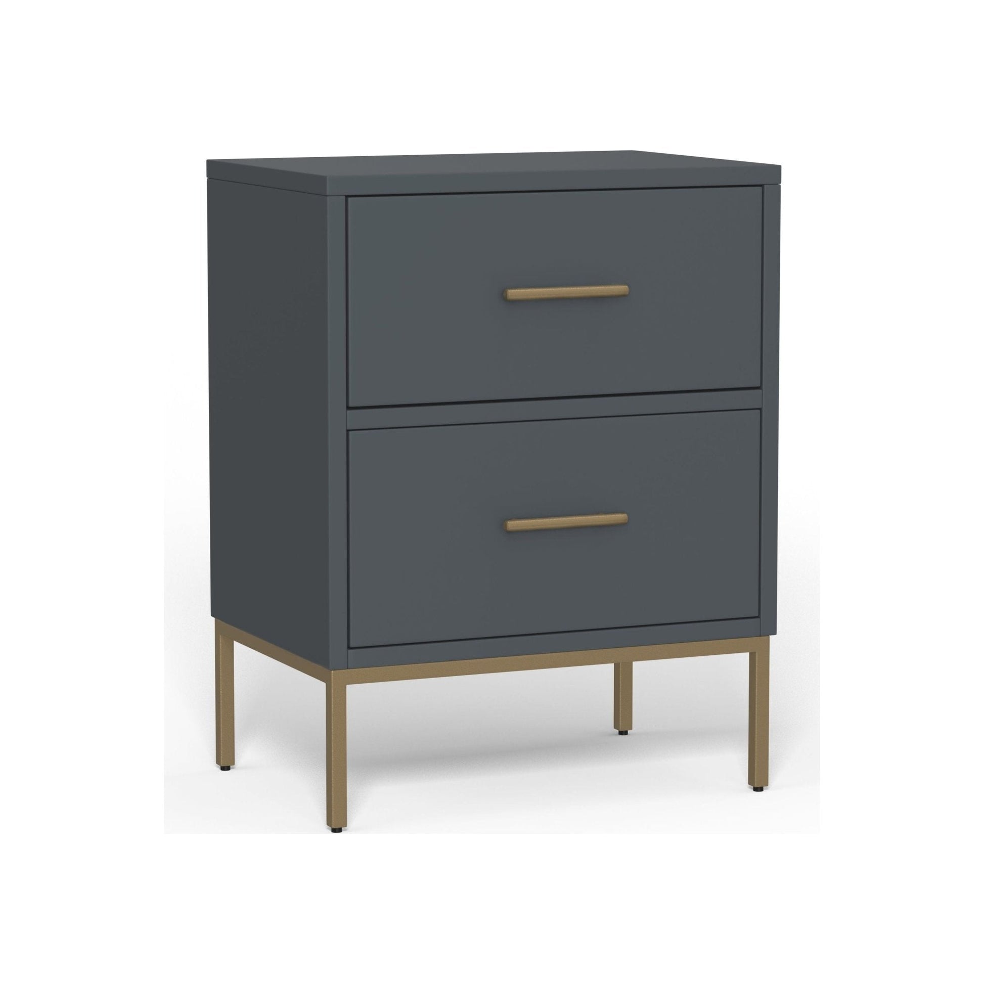 Madelyn Two Drawer Nightstand in Slate Gray with gold handles, featuring two spacious drawers and modern design.