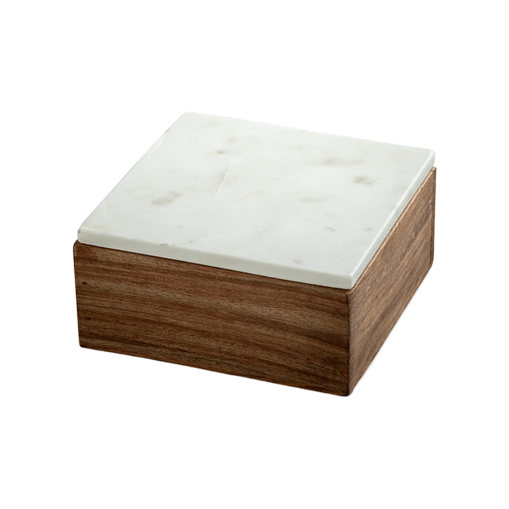 Maeve Wood and Marble Box displaying a natural marble lid and wooden base, ideal for organizing small items.