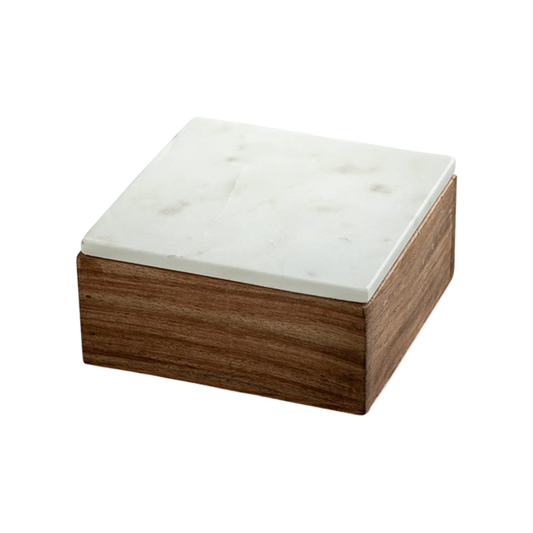 Maeve Wood and Marble Box displaying a natural marble lid and wooden base, ideal for organizing small items.