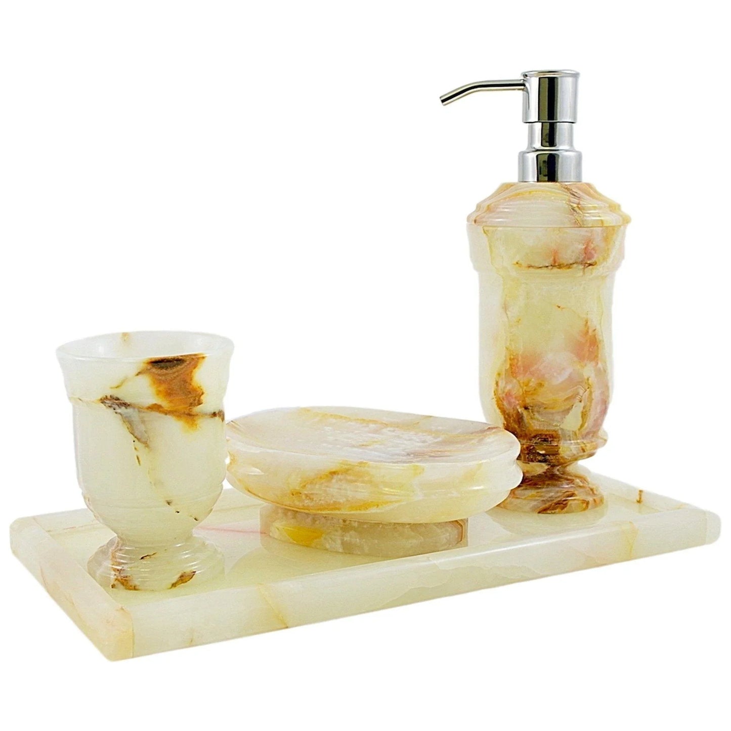 Marble Bath Set | White Onyx 4 Piece Set with Vanity Tray