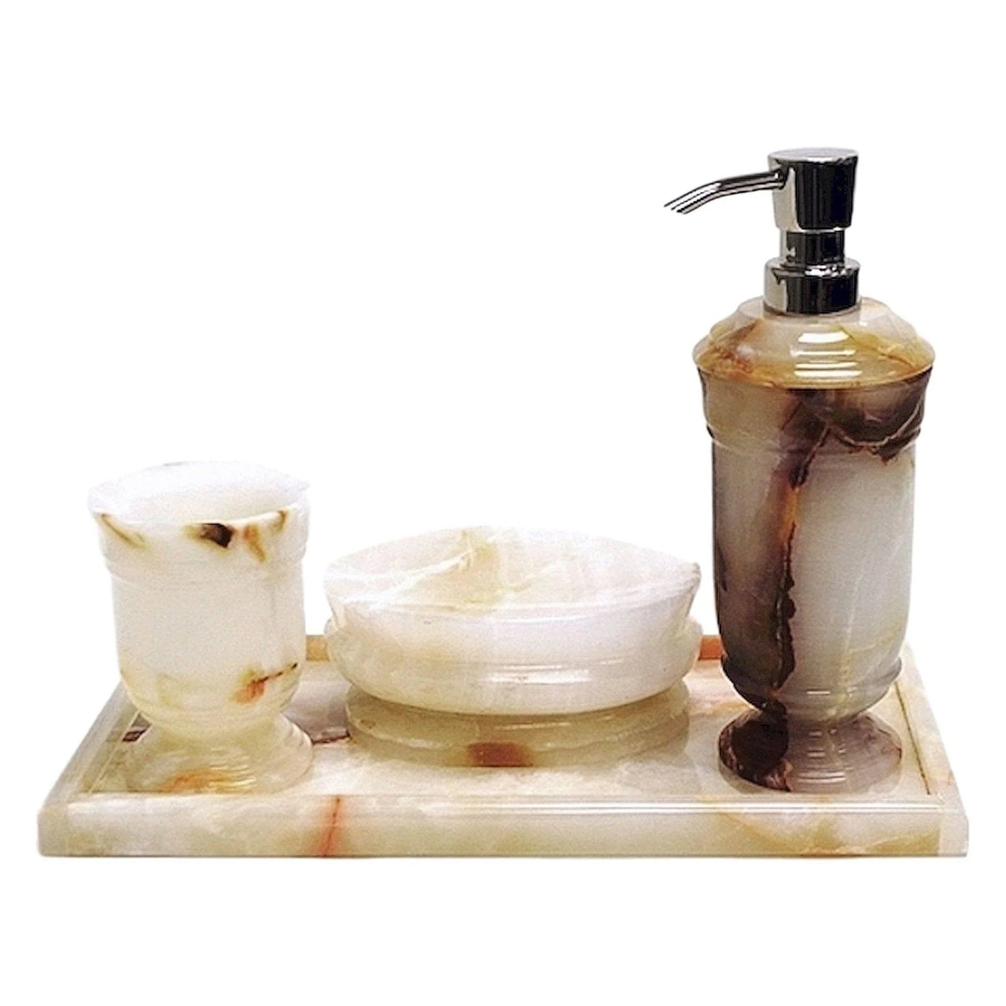 Marble Bath Set | White Onyx 4 Piece Set with Vanity Tray