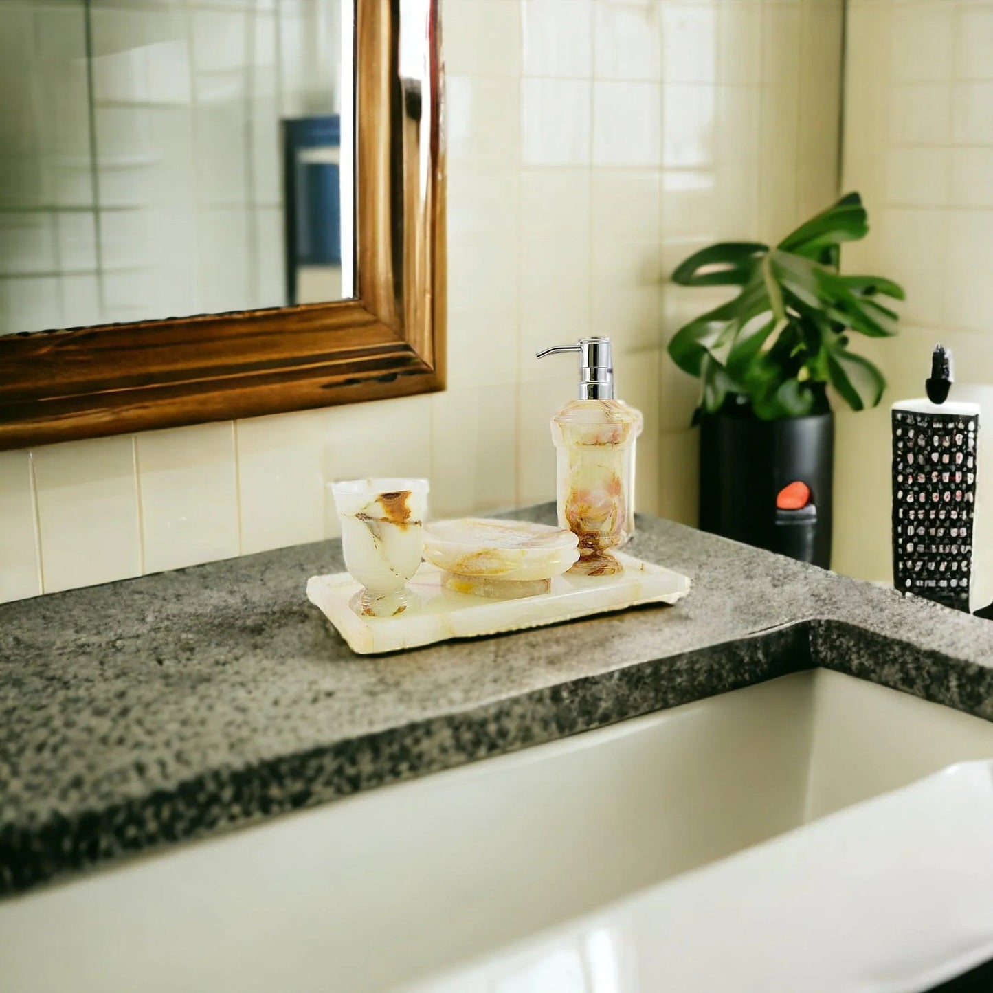 Marble Bath Set | White Onyx 4 Piece Set with Vanity Tray