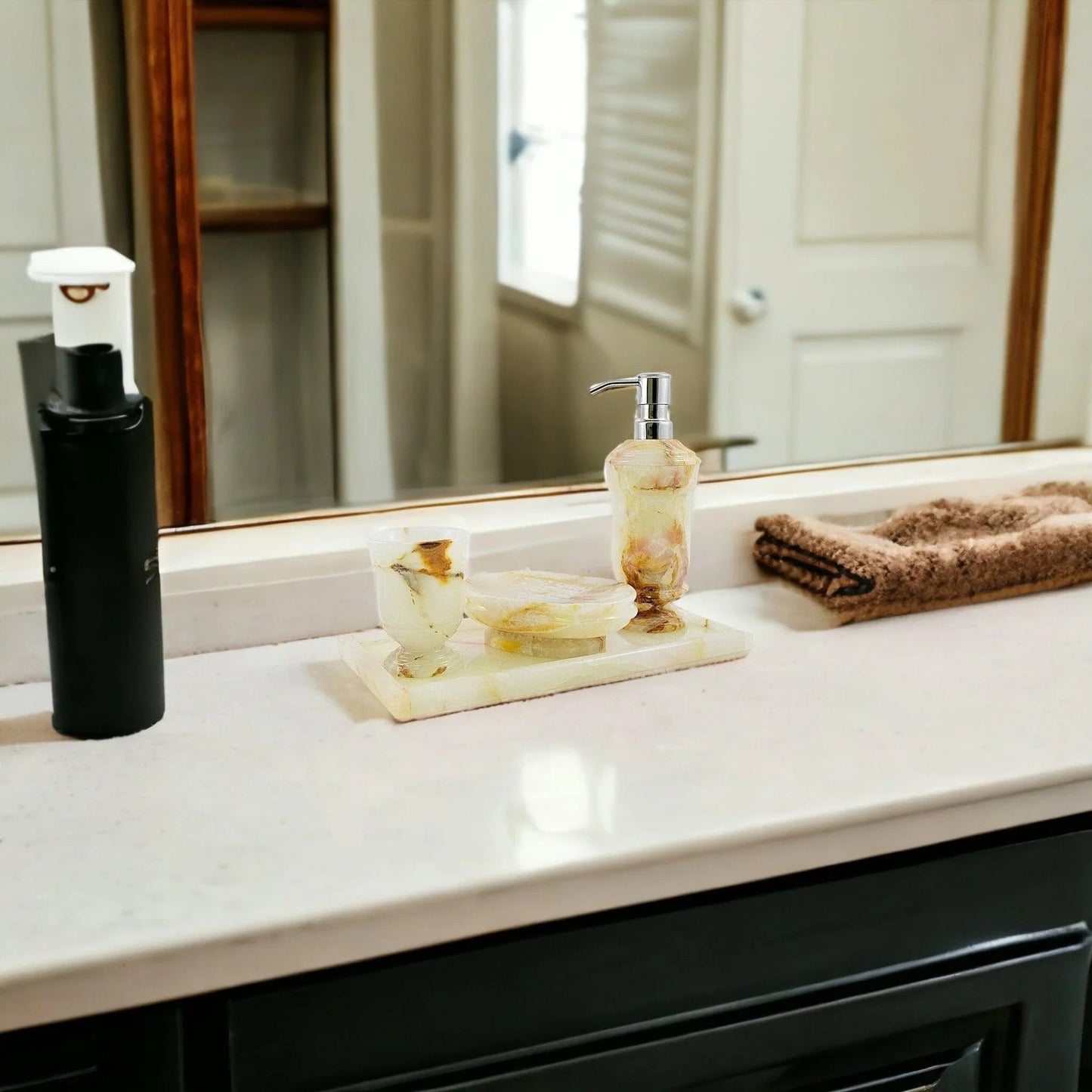 Marble Bath Set | White Onyx 4 Piece Set with Vanity Tray