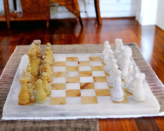 Marble Chess Set | White & Teakwood Marble