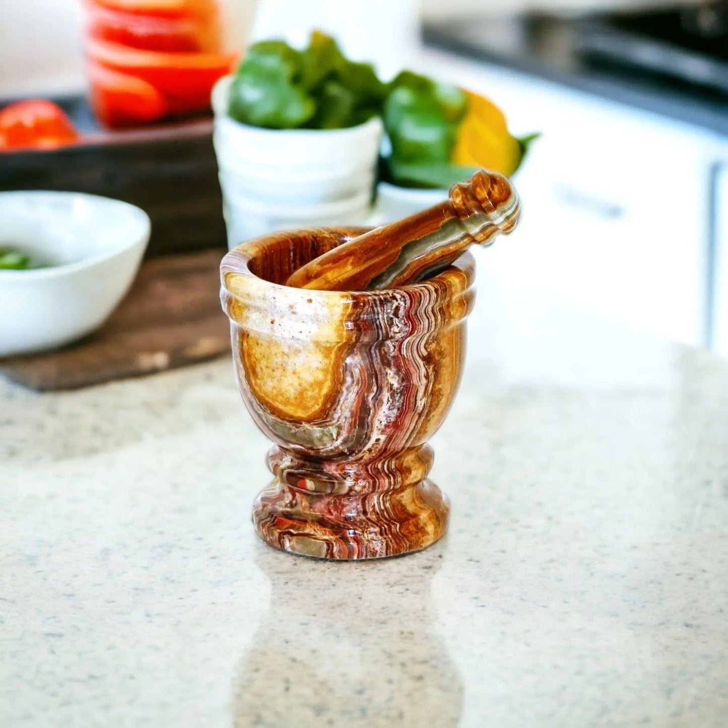 Marble Mortar and Pestle Crafted from Multi Brown Onyx