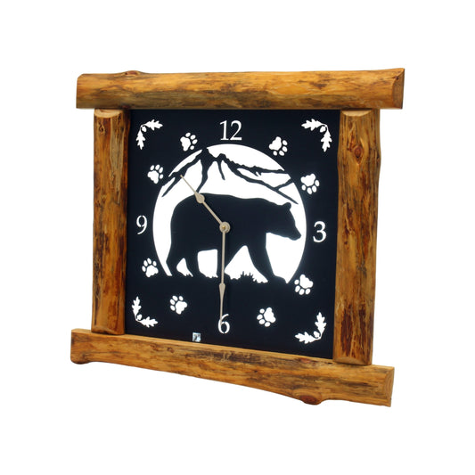 Large Rustic Wall Clock with 16" Analog Display, Pine Log Frame, Metal Wildlife Art Clock Face