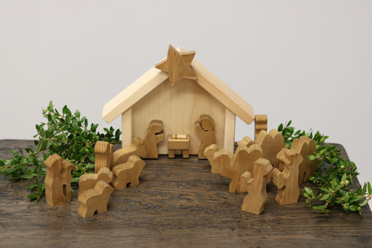 Amish Made Wooden Nativity Manger Scene Set, 14 Pieces