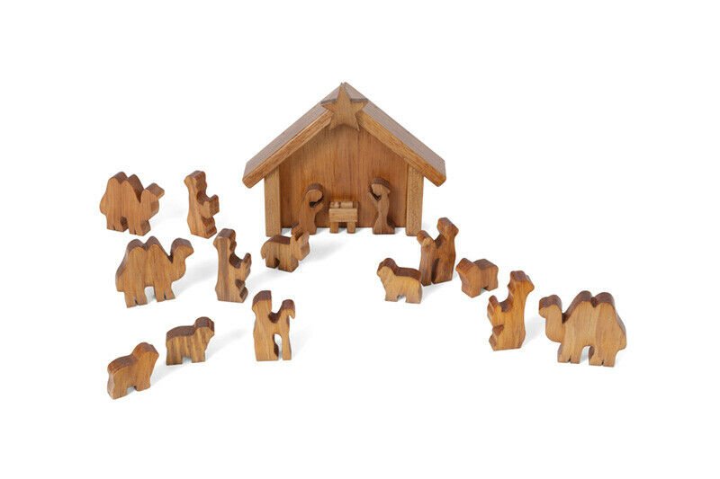 Amish Made Wooden Nativity Manger Scene Set, 14 Pieces