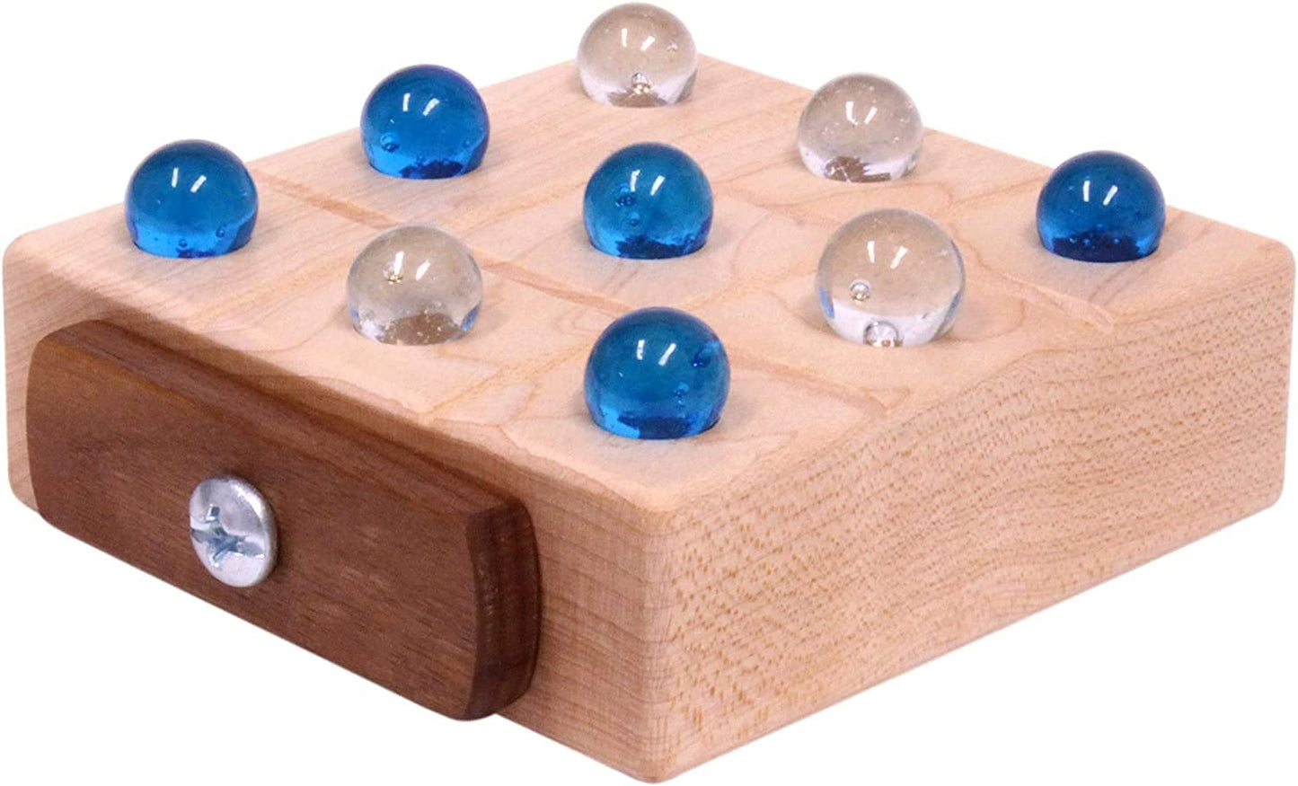 Wooden tic-tac-toe game with blue and clear glass marbles on a white background