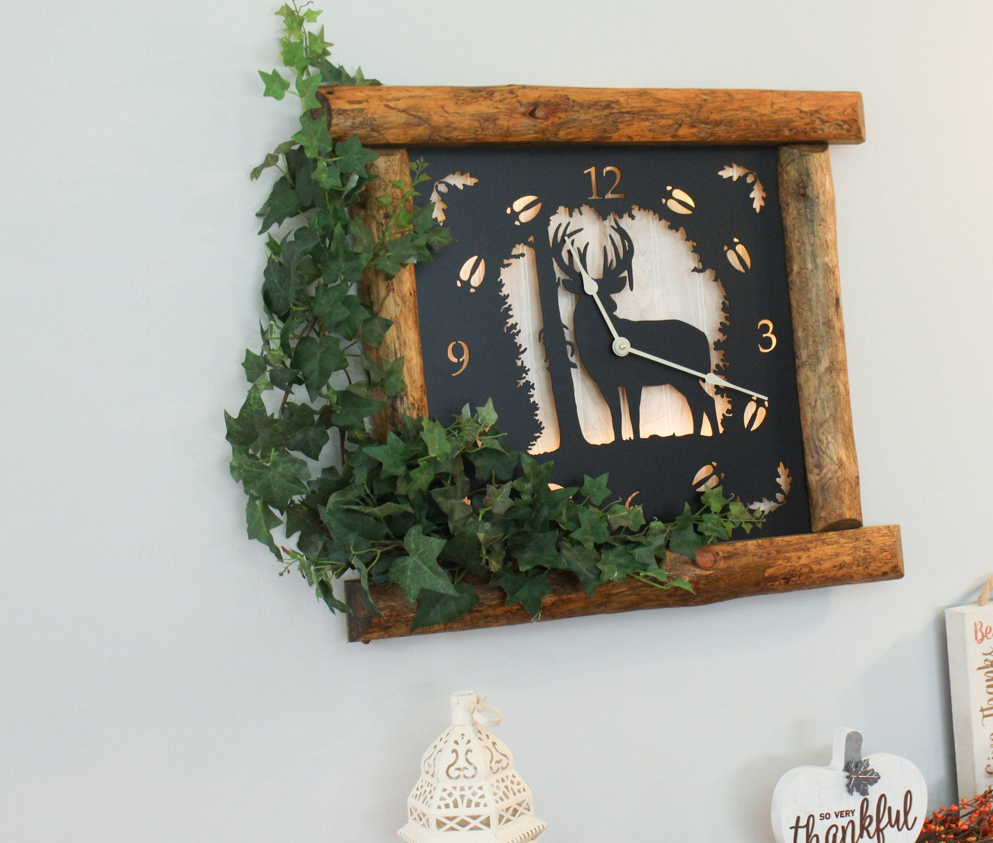 Large Rustic Wall Clock with 16" Analog Display, Pine Log Frame, Metal Wildlife Art Clock Face
