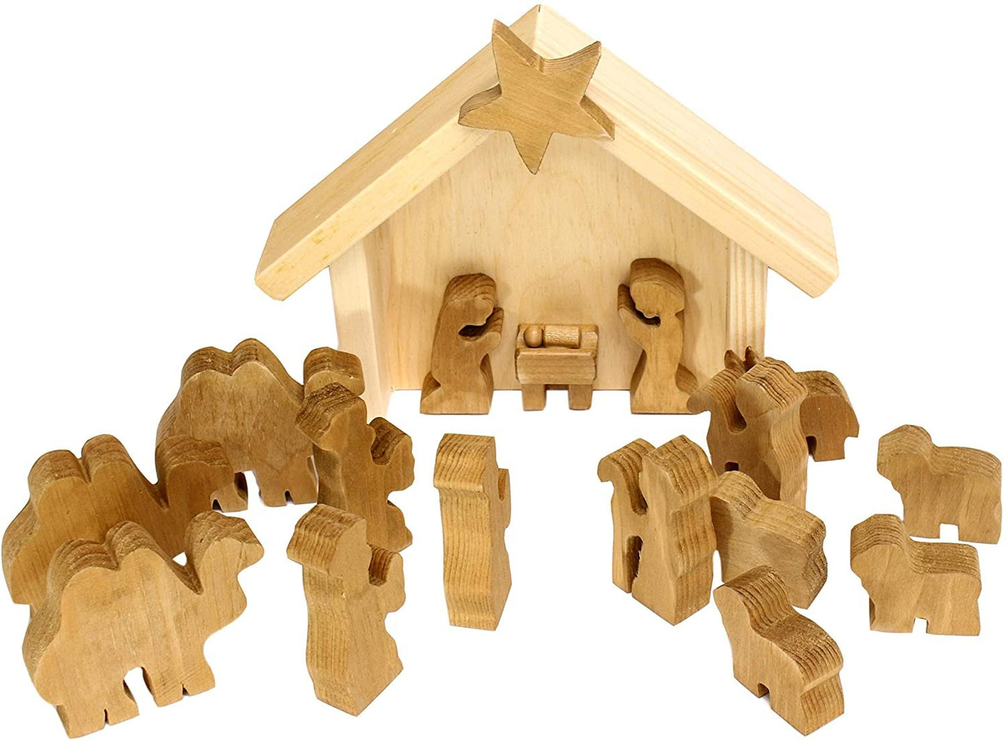 Amish Made Wooden Nativity Manger Scene Set, 14 Pieces