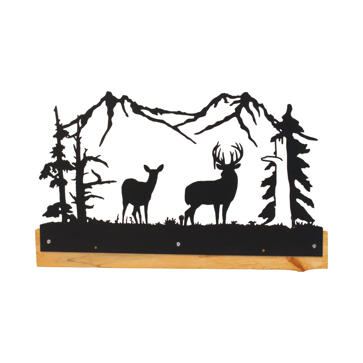 Rustic Coat Rack With 3 Hooks - Pine Wood Coat Hanger with Wilderness Metal Art Silhouette