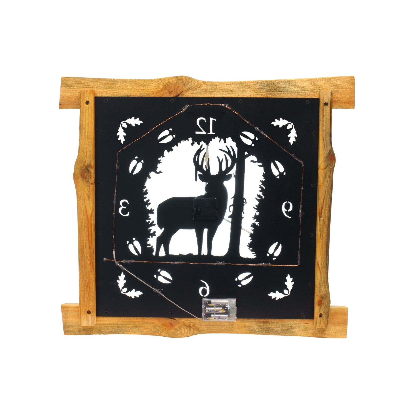 Large Rustic Wall Clock with 16" Analog Display, Pine Log Frame, Metal Wildlife Art Clock Face