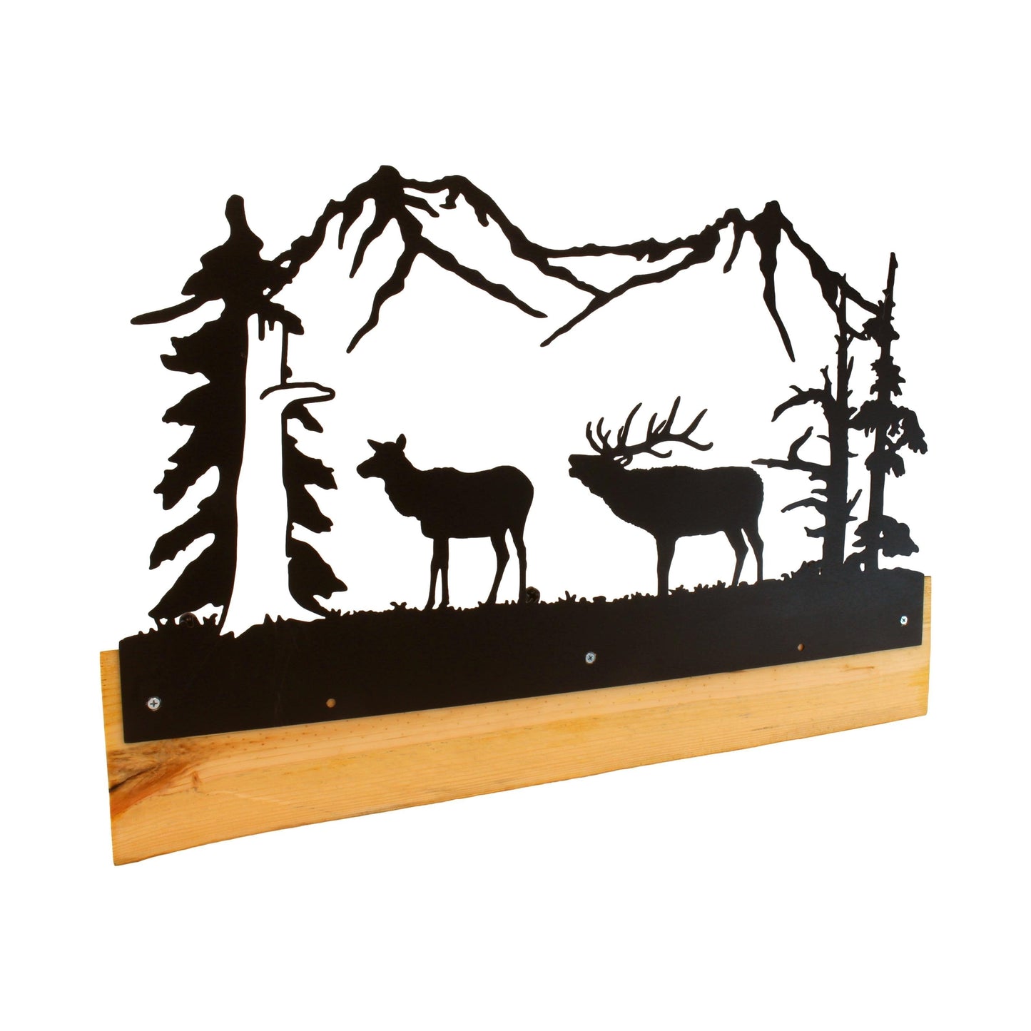 Rustic Coat Rack With 3 Hooks - Pine Wood Coat Hanger with Wilderness Metal Art Silhouette