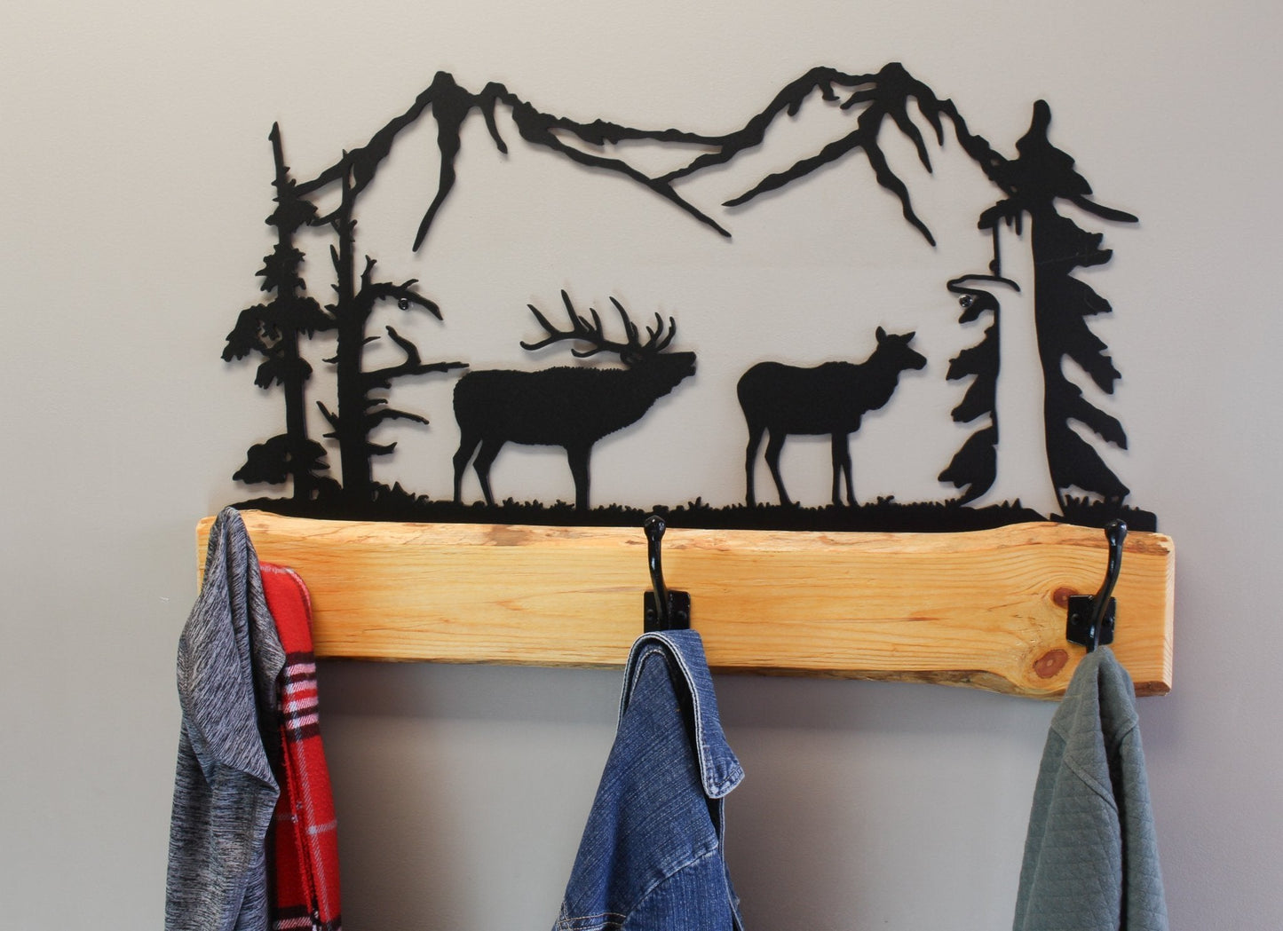 Rustic Coat Rack With 3 Hooks - Pine Wood Coat Hanger with Wilderness Metal Art Silhouette