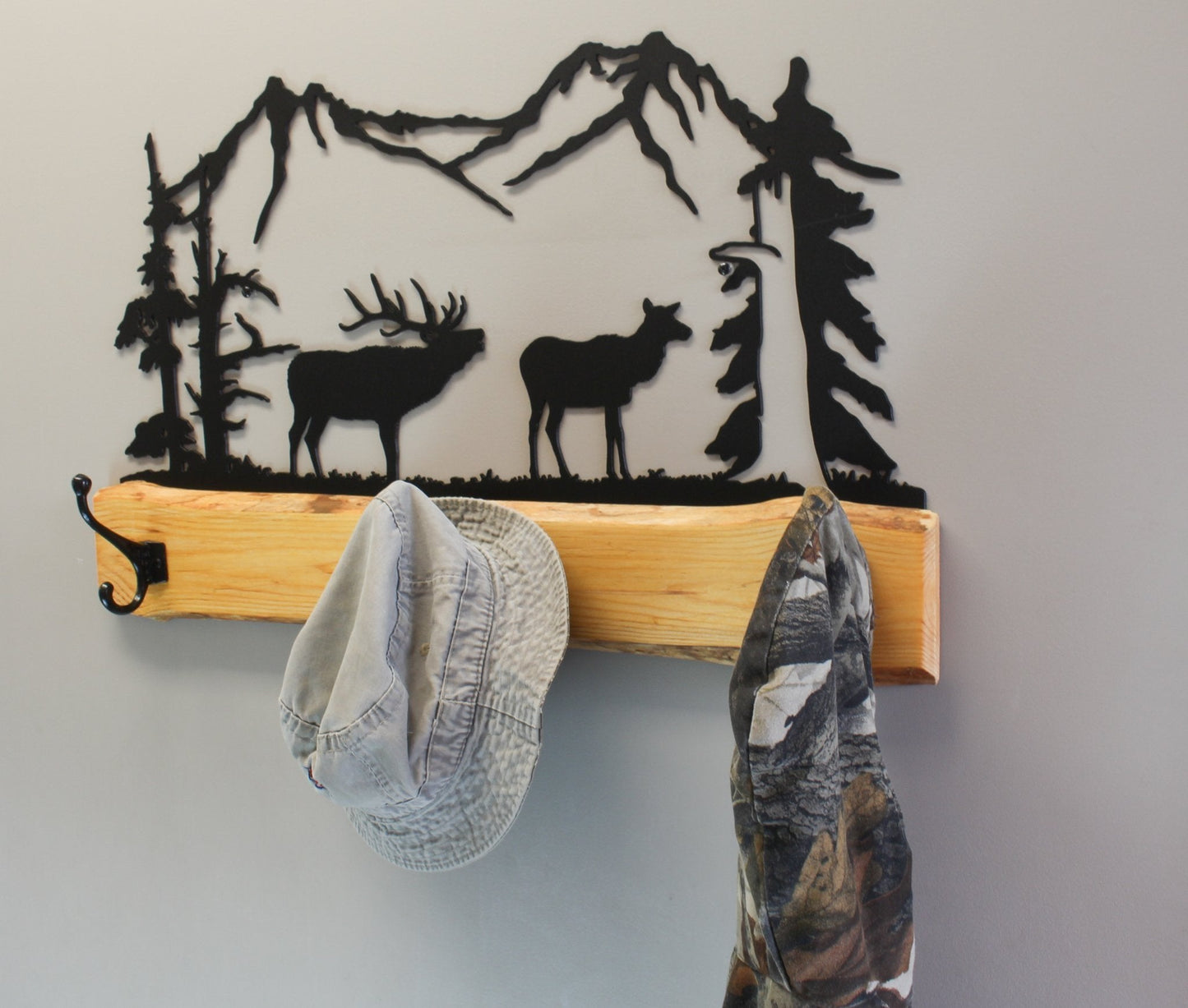 Rustic Coat Rack With 3 Hooks - Pine Wood Coat Hanger with Wilderness Metal Art Silhouette