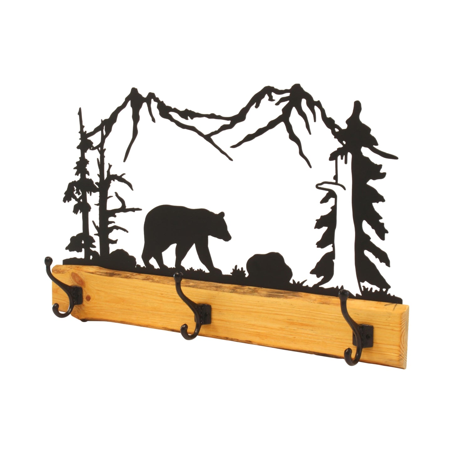 Rustic Coat Rack With 3 Hooks - Pine Wood Coat Hanger with Wilderness Metal Art Silhouette