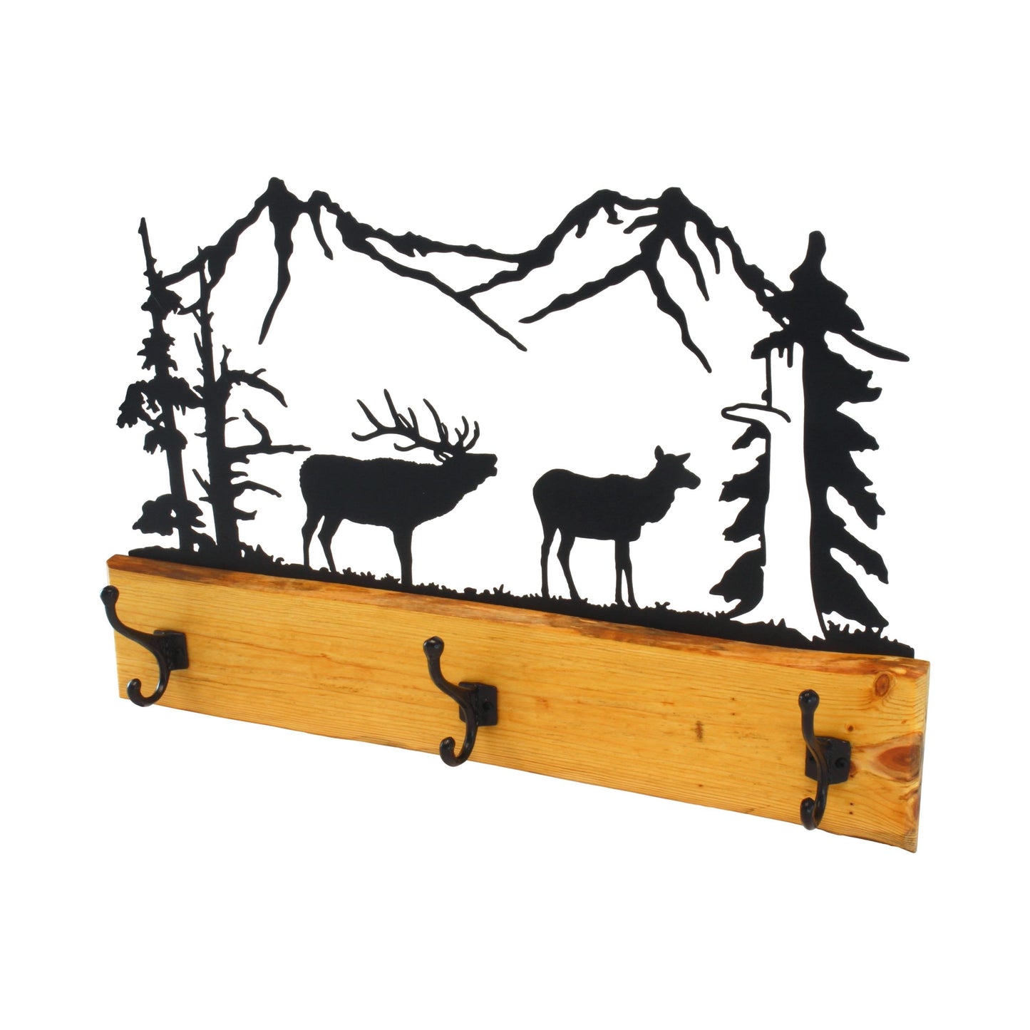 Rustic Coat Rack With 3 Hooks - Pine Wood Coat Hanger with Wilderness Metal Art Silhouette