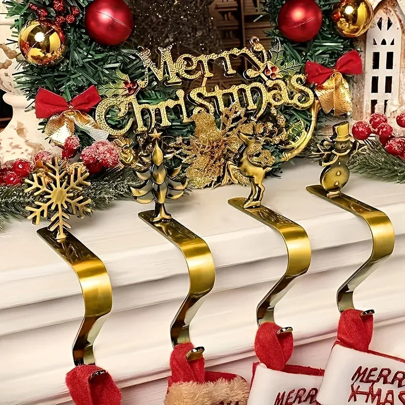 Metal Christmas Stocking Holder Set, 4pcs Golden with Non-Slip Hooks