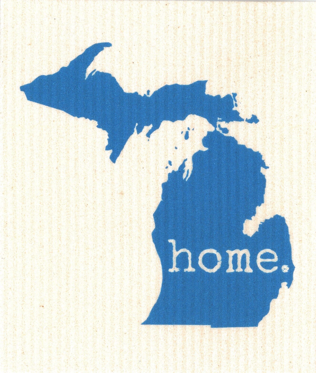 Blue outline of the state of Michigan with 'home.' text on a textured beige background