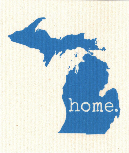 Blue outline of the state of Michigan with 'home.' text on a textured beige background