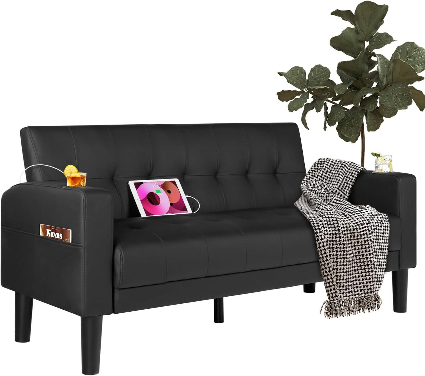 Mid-Century Modern Loveseat with USB Ports and Cup Holders