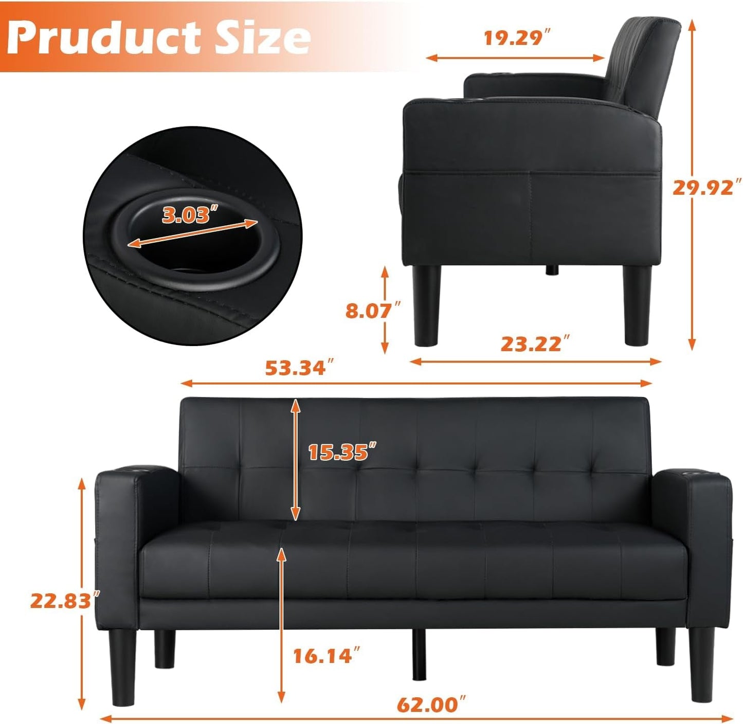 Mid-Century Modern Loveseat with USB Ports and Cup Holders