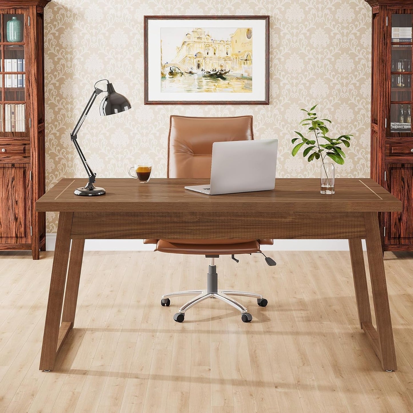 Mid-Century Modern Wooden Desk with Drawer and Stability