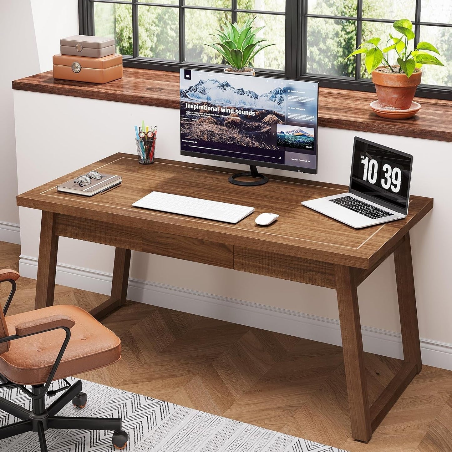 Mid-Century Modern Wooden Desk with Drawer and Stability