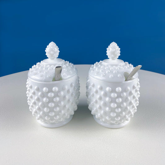 Vintage Fenton Milk Glass Serving Jars with Silver Spoons. Set of 2 White Jam, Condiments Hobnail Serving Bowls. Dining Room Decor.