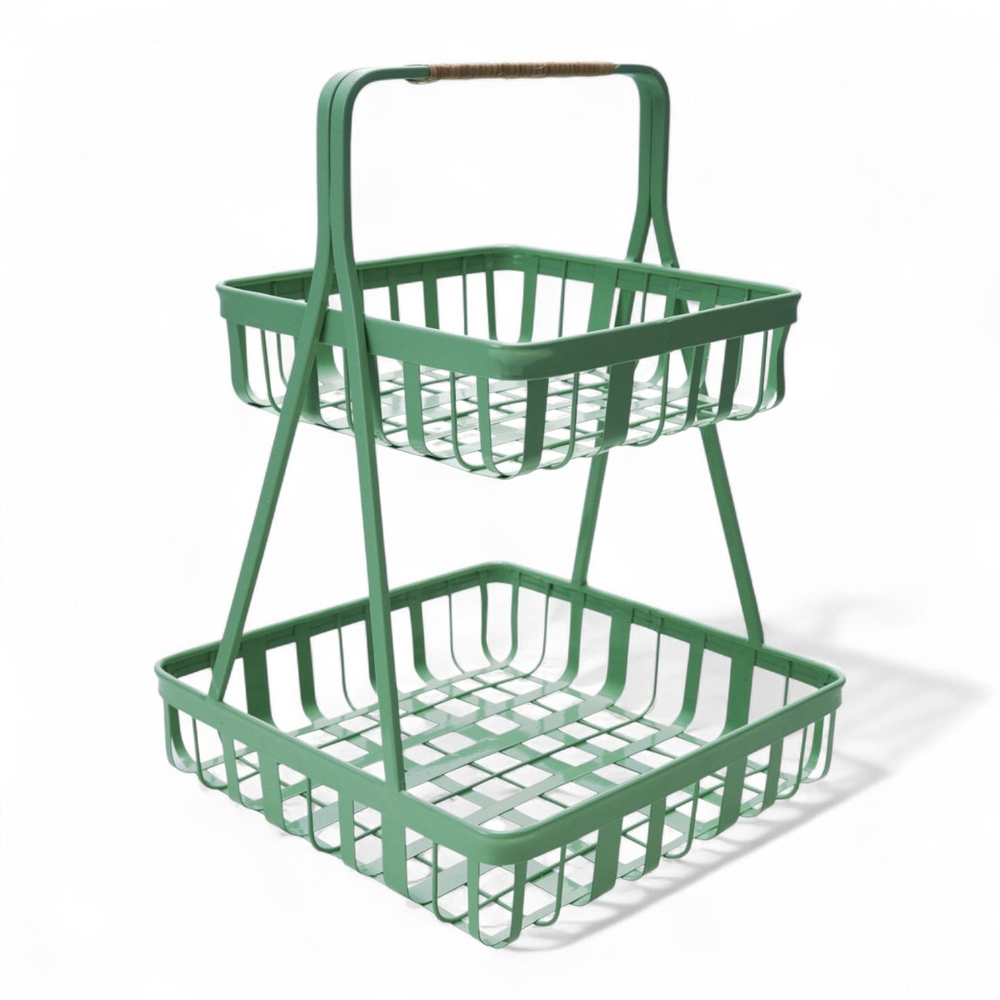 Mint Green 2-Tier Metal Tray with Rattan Wrapped Handle