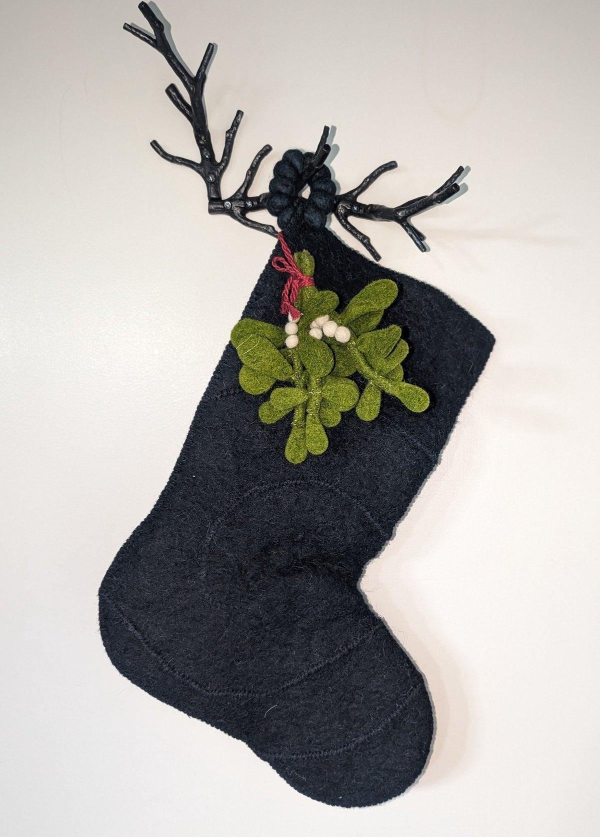 Mistletoe Navy Blue Christmas Stocking Hand Felted Wool