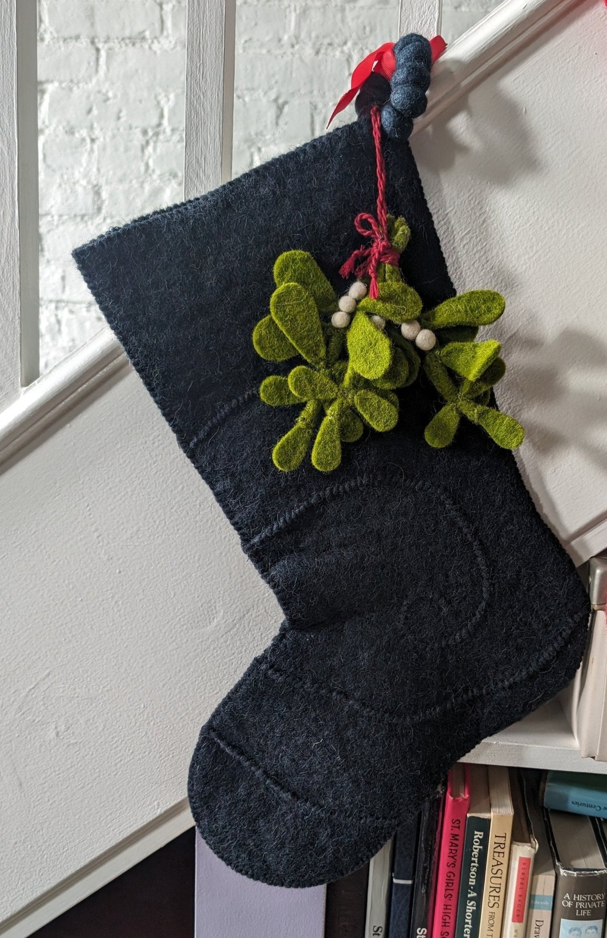 Mistletoe Navy Blue Christmas Stocking Hand Felted Wool