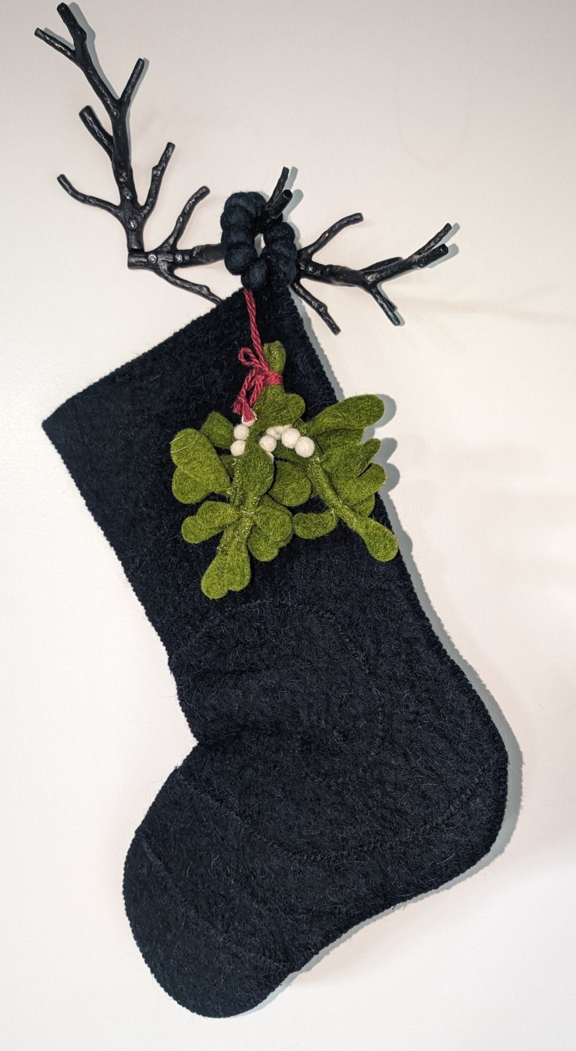 Mistletoe Navy Blue Christmas Stocking Hand Felted Wool