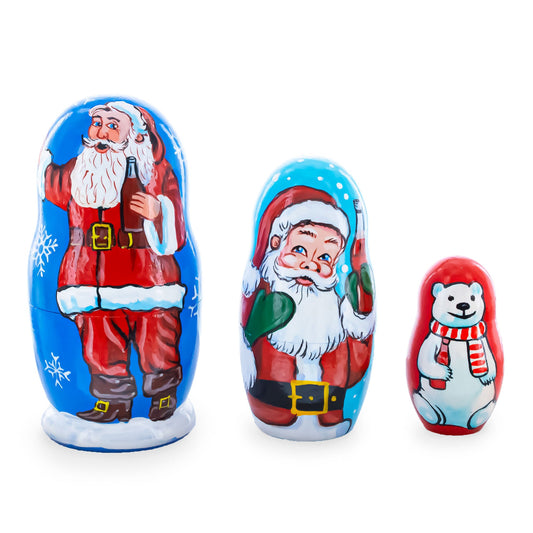 3 Santa and Polar Bear Wooden Nesting Dolls 4.25 Inches