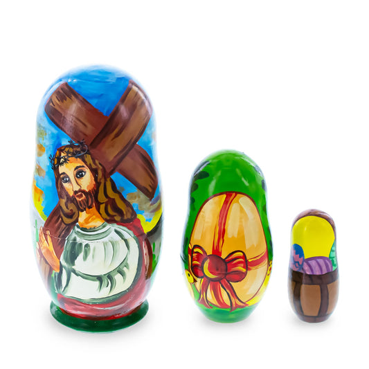 Set of 3 Jesus with Cross, Easter Eggs Wooden Nesting Dolls 4.25 Inches