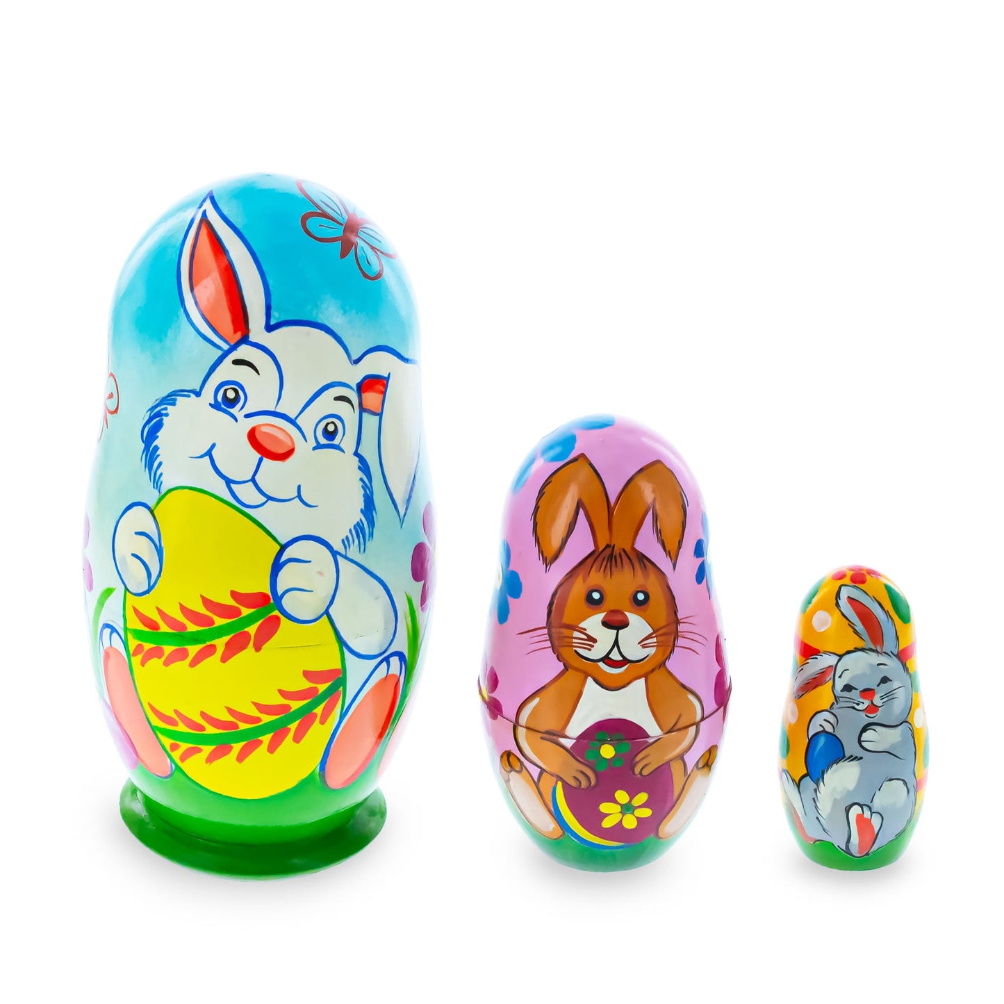 Set of 3 Bunnies and Easter Eggs Wooden Nesting Dolls 4.25 Inches