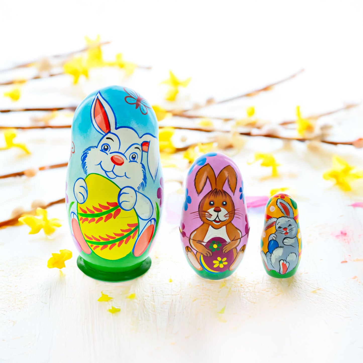 Set of 3 Bunnies and Easter Eggs Wooden Nesting Dolls 4.25 Inches