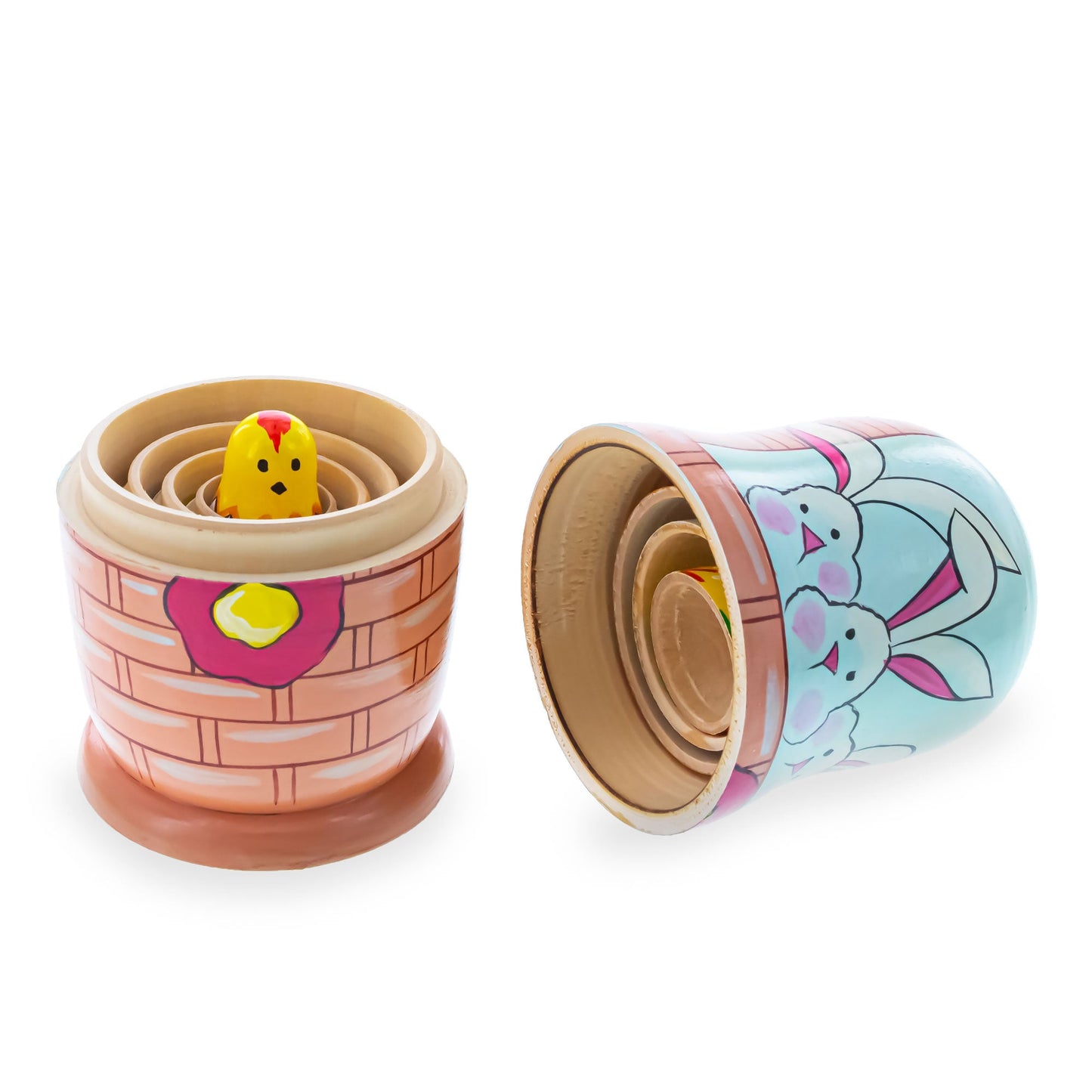 5 Bunnies, Chick with Easter Eggs Wicker Basket Wooden Nesting Dolls 6 Inches