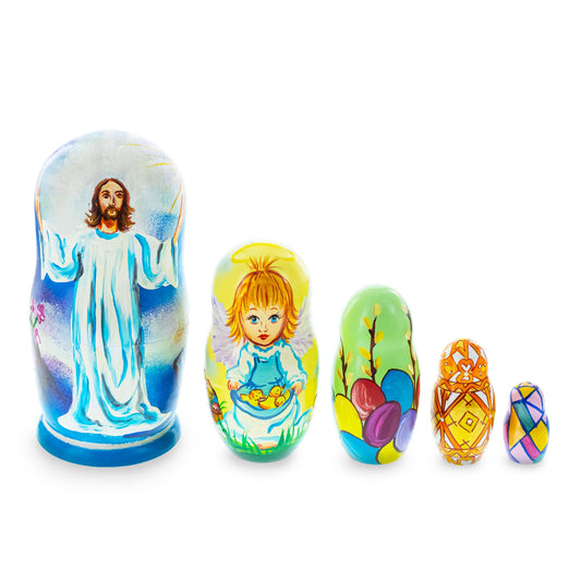 Set of 5 Jesus Christ Rising, Angel and Easter Eggs Wooden Nesting Dolls 6 Inches